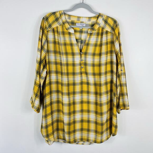 Kim Rogers Plus Size 1X Plaid Roll Tab Sleeve Popover Top Yellow - Picture 1 of 4